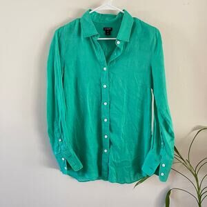 J. Crew Linen Button-Up Shirt Womens X-Small Green Long Sleeve Summer Casual